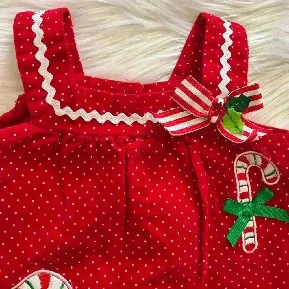 Vintage Rare Too! 12 Mos Holiday Corduroy Candy Cane Jumper Dress - Picture 3 of 6